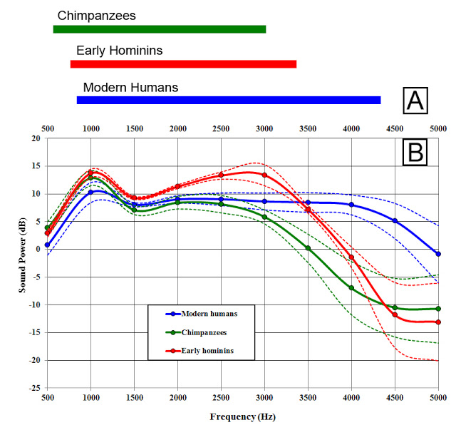 Diagrama de sensibilitat acústica on es comparen els homínids fòssils amb humans i ximpanzés. Quan més alta se situen les línies (eix de les Y), més alta és la sensibilitat acústica a una determinada freqüència (eix de les X). Per damunt de 3 kHz els ximpanzés i el primers homínids perden sensibilitat. / Science Advances