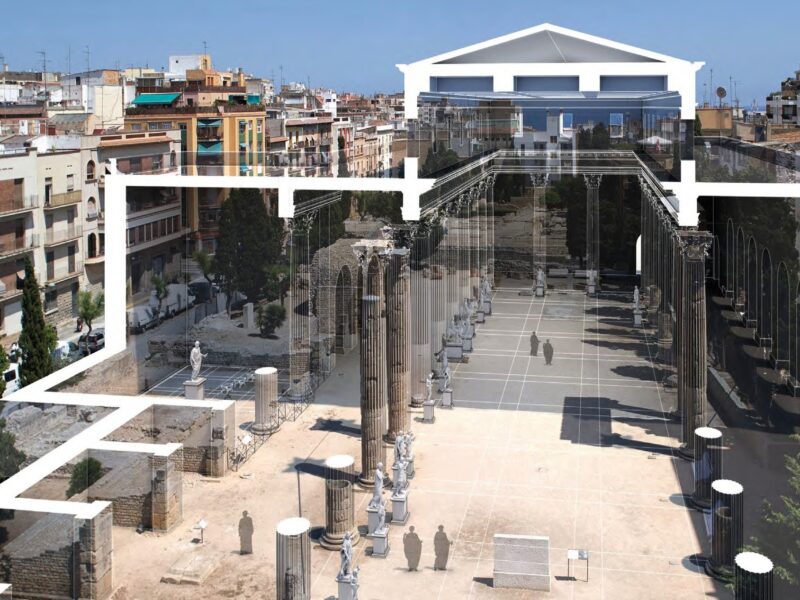 Fòrum de la colònia, amb la superposició d'elements de recreacó digital sobre fotografia. Imatge extreta del llibre "Tàrraco, Patrimoni Mundial. Una nova visió".